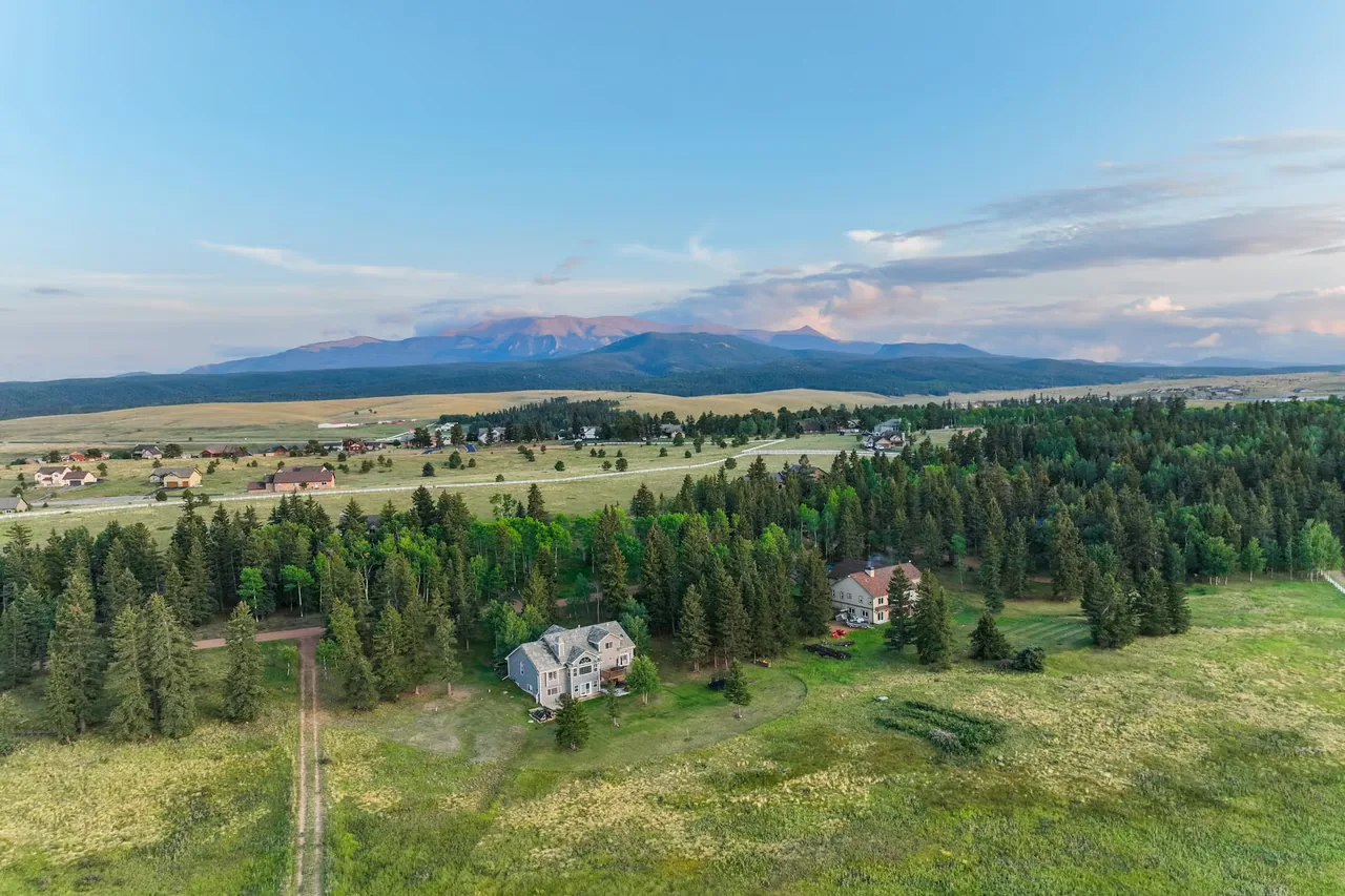 Elevated view of a forested mountain community near Divide, Colorado with homes among pines and aspens below Pikes Peak