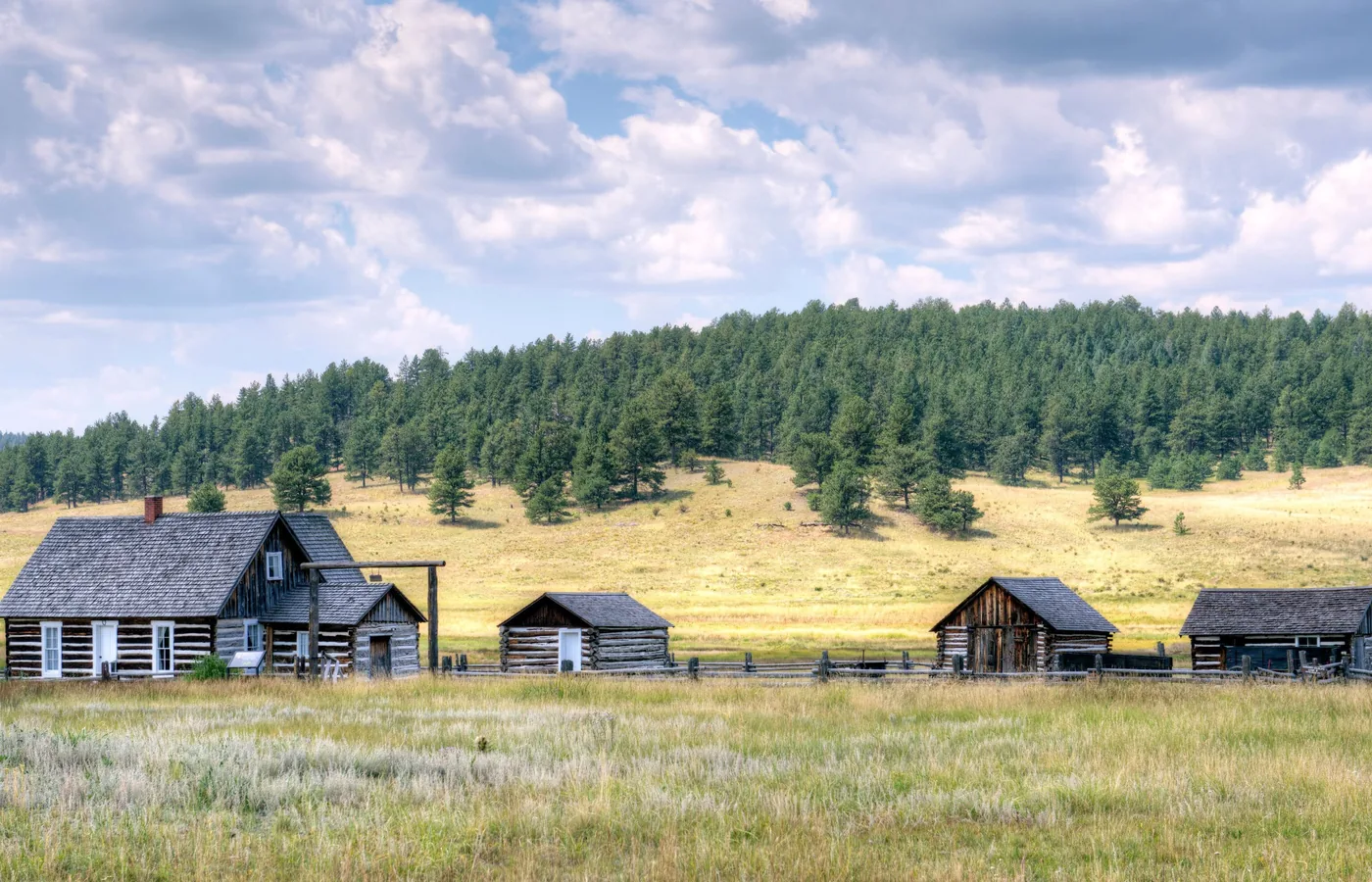 Historic log homestead cabins in a mountain meadow near Florissant, Colorado with pine-covered hills behind