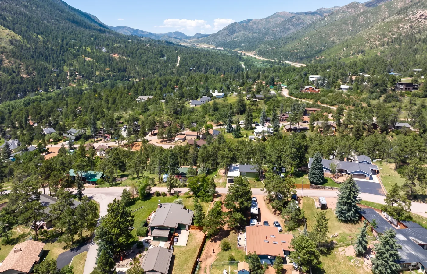Elevated view of a forested mountain community in a Colorado valley with homes among pines